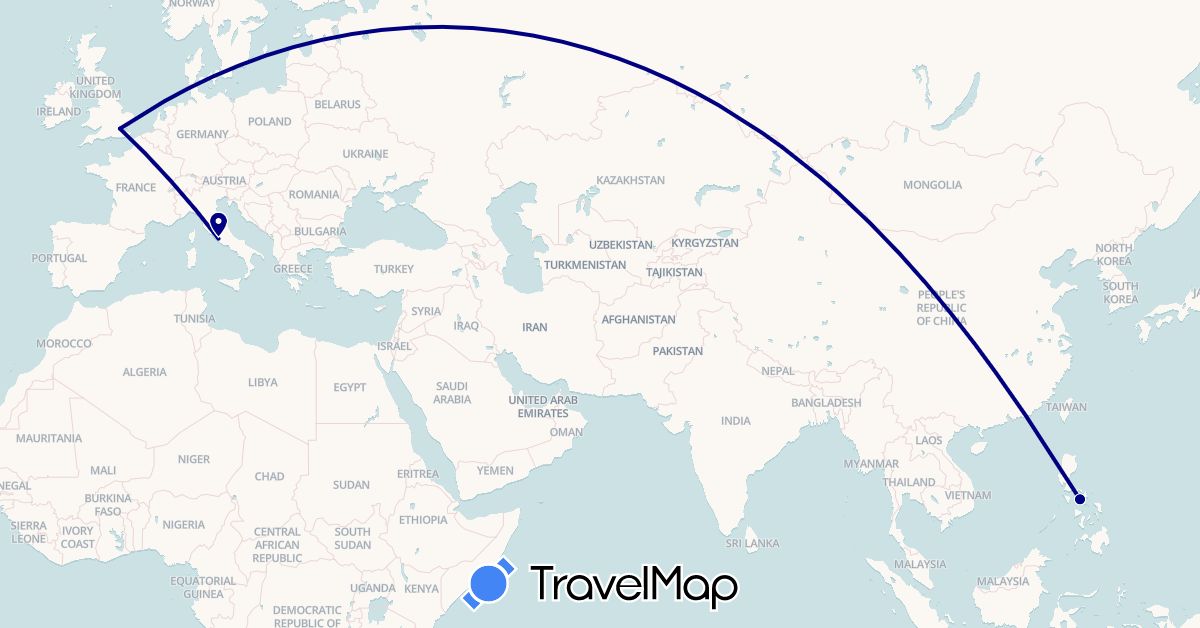 TravelMap itinerary: driving in United Kingdom, Italy, Philippines (Asia, Europe)